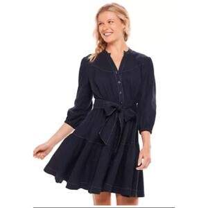 Womens Now + Gen X Sonoma Linen Blend Tiered Button Front Shirt Dress Blue Sz M